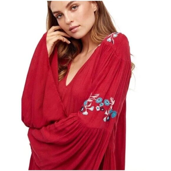 Free People Cherry Red Bell Long Sleeve Boho Embroidered Te Amo Mini Dress Sz S - Picture 3 of 13